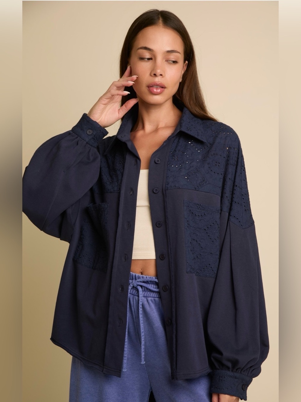 Navy Eyelet Patch Button-Up Shacket